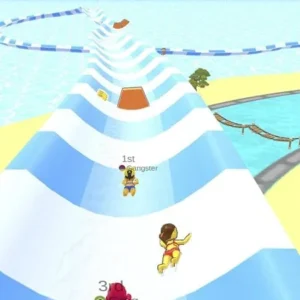 Gameplay of aquapark.io showing a character sliding down the water slide.