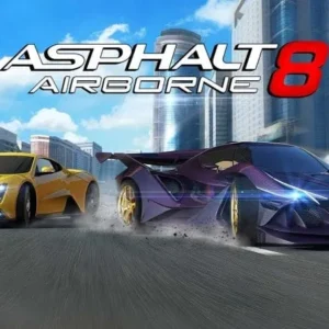 A screenshot of Asphalt 8 gameplay showcasing a car performing a stunt in mid-air.