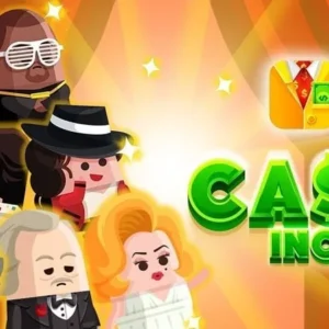 A screenshot showcasing the gameplay of Cash, Inc., featuring a tall building with various businesses and a character in the foreground.