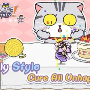 A screenshot of Cat Escape Infinity! gameplay showing the doll character hiding from a giant cat.