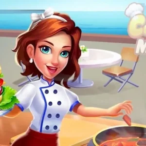 Gameplay of Cooking Marina, showing a bustling kitchen scene.