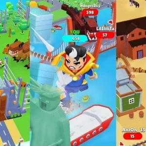 Alt text: Crazy Toys City gameplay screenshot showing a character destroying a building