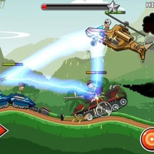 Gameplay of Hills of Steel showing a tank firing at an enemy.