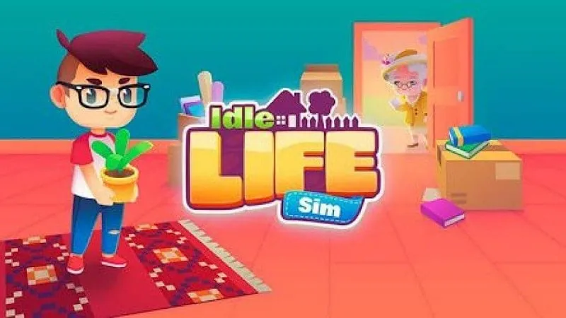 A promotional image for Idle Life Sim featuring a character in their customized apartment.