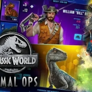 Alt text: Jurassic World Primal Ops gameplay screenshot showing a dinosaur in a modern city.