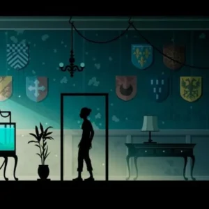 A screenshot from the game Midnight Girl showing the main character in a dimly lit room.