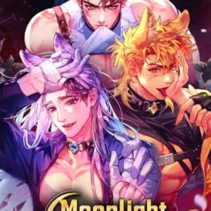 A promotional image for the game Moonlight Crush, showcasing the main character surrounded by four attractive werewolves.