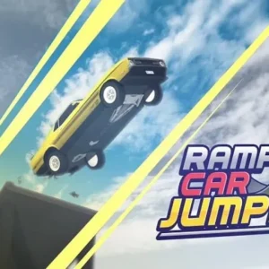 Alt text: Ramp Car Jumping gameplay screenshot showing a car launching off a ramp.