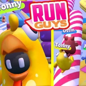 Gameplay of Run Guys: Knockout Royale showing colorful characters running through obstacles.