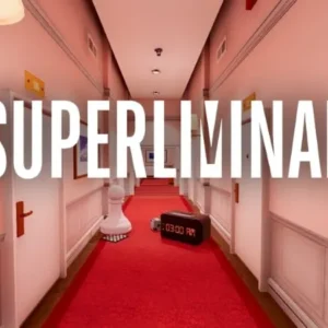 Gameplay screenshot of Superliminal showing a room with oversized objects.