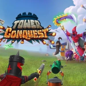 A screenshot of gameplay from Tower Conquest, showcasing the colorful graphics and strategic elements of the game.