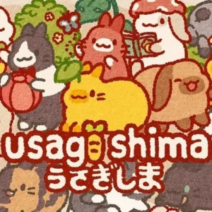A screenshot of the Usagi Shima game showing a variety of adorable bunnies and island decorations.